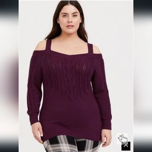 SOLD Burgundy Purple Cable Knit Open Shoulder Tunic